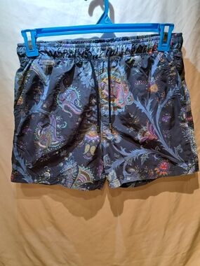 Etro Navy Paisley-Print Swim Trunks with Multicolor Accents